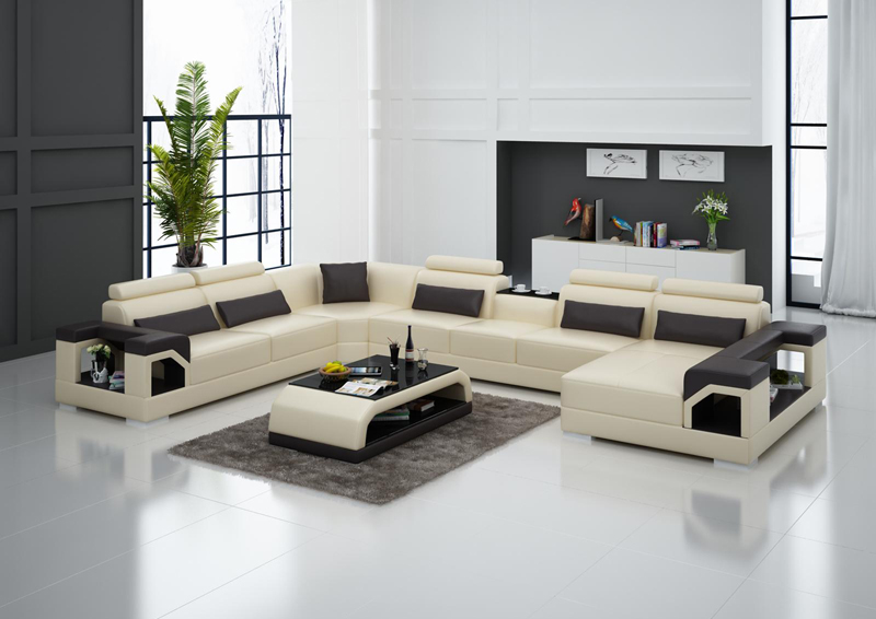 Sofa Couch Wohnlandschaft XXL Couch Ledersofa mit Ottomane Sofagarnitur